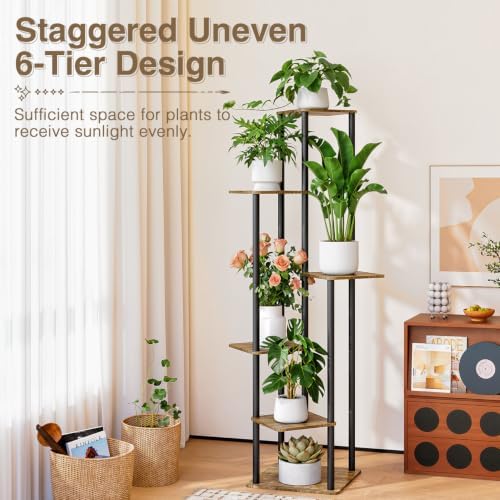 AZERPIAN Plant Stand 5 Tier Indoor Metal Flower Shelf for Multiple Plants Corner Tall Flower Holders for Patio Garden Living Room Balcony Bedroom, Black (Small 6 Tier+Black Rustic Brown) - Image 2