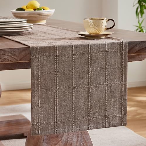 ZeeMart Linen Checked Farmhouse Table Runner, 13x48 Inches Cocoa Brown - Image 4