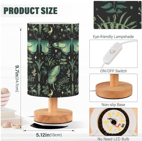 Fustylead Botanical Ferns Green Moth Mystical Black Bedside Table Lamps with USB Port for Bedroom Lamp Small Nightstand Lamp Sturdy Linen Shade Wooden Decorative Lamps for Living Room Home Dorm Kids - Image 4