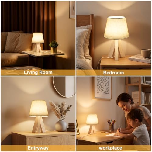 Tripod Table Lamp Small Bedside Lamp with Linen Fabric Shade, Mid Century Modern Nightstand Lamp for Bedroom Living Room Office Nursery, Wooden Legs(Cone) - Image 7
