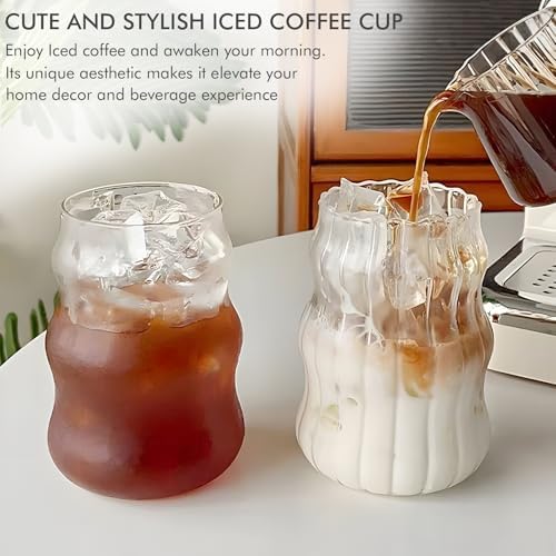 Ribbed Glass Cups Set of 4: 18OZ Vintage Aesthetic Iced Coffee Glasses with Straws, Cute Drinking Glasses with Wave Shape Design, Matcha Glass Cup Bubble Cups for Juice, Tea, Beverage, Gift - Image 5