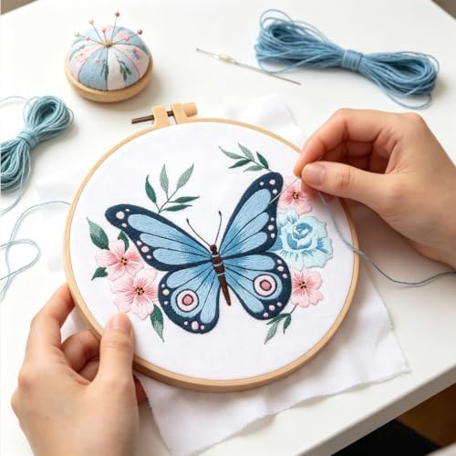 Silentsea Blue Butterfly Embroidery Kit for Beginners – Complete DIY Stitching Craft Set with Pre-Printed Fabric, Hoop, Threads & Video Tutorial – Ideal for Home Decor & Handmade Gifts - Image 5