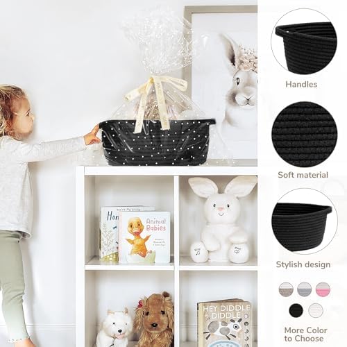 CHICVITA Small Woven Boo Basket Empty with Bags & Ribbon for Gift, Black - Image 3
