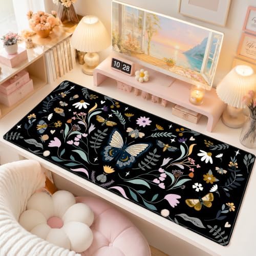 Botanical Insect Desk Mat, Vintage XXL Black Mouse Pad 35.4x15.7in - Image 2