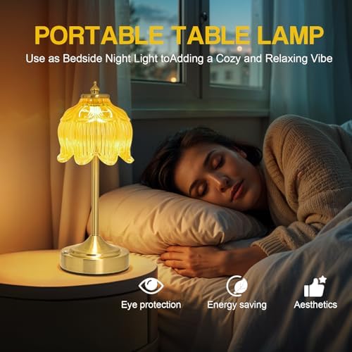 Cordless Table Lamp, Rechargeable Honey Gold Glass Lotus Flower Lamp - Image 6