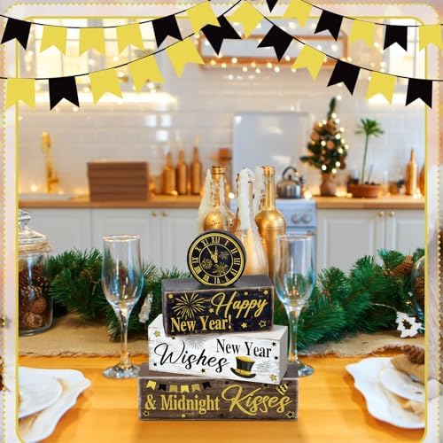 Moucuny 4 Pcs New Year Table Decorations, Happy New Year Wood Block Sign - Image 4