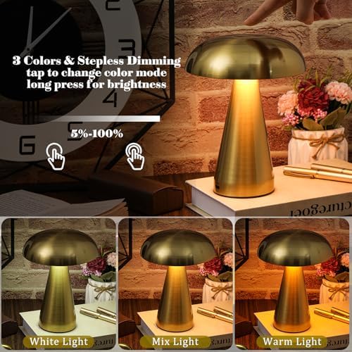 VIHOSE 2 Sets Cordless Lamp Gold, LED Mushroom Metal Table Lamps - Image 4