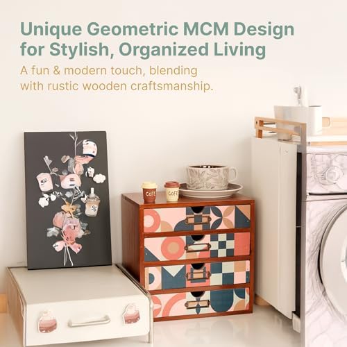Mid-Century Modern Geometric Pattern Desk Organizer - Earth Tone Desktop Storage with 4-Drawer - Retro Modern Wood Cabinet for Office Supplies, Craft Tools, & Home Organization - MCM Drawer Unit - Image 5