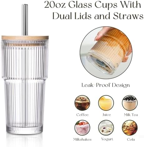 KEMORELA 20oz Ribbed Glass Tumblers with Bamboo Lids & Straws, Boba Cups - Image 5