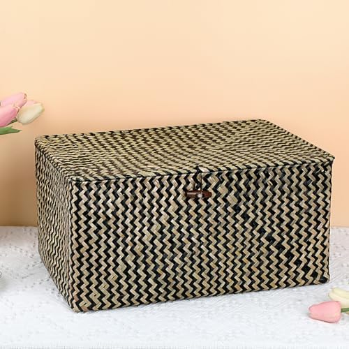 Hipiwe Wicker Shelf Baskets with Lid, X-Large Woven Seagrass Storage Bins - Image 3