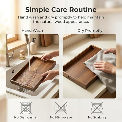 Acacia Wood Serving Tray with Handles, 17"x12" Large Rectangular Decorative Wooden Tray, Coffee Table Tray for Breakfast, Drinks, Snacks in Bed, Decorative Wooden Tray for Home - Image 6