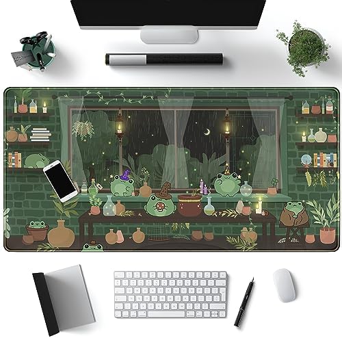 Mechanical Cattle Cute Desk Mat Kawaii Frog Mouse Pad Green Desk Anime Mat Large Gaming Mouse Pad Desk Computer Keyboard Pad Desk Home Office Accessories Girl Stitched Eges (31.5x15.7 in) WER236 by Mechanical+Cattle