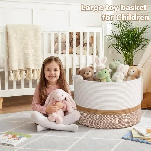 CherryNow 22"x22"x14" Large Blanket Basket, Home Décor for Living Room Bedroom, Cotton Rope Laundry Basket for Clothes Pillows, Baby Fall Decorations for Home Toy Storage, White & Camel - Image 3