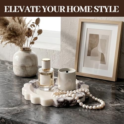Koville 5.51" Scalloped Calacatta Viola Marble Tray, Round Stone Jewelry Trinket Dish for Ring, Natural Small Marble Tray for Bathroom Kitchen Dresser Countertop, Decorative Candle Tray - Image 5