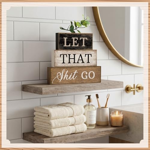 Moucuny 4 Pcs Wooden Block Signs Farmhouse Table Decoration for Bathroom - Image 6