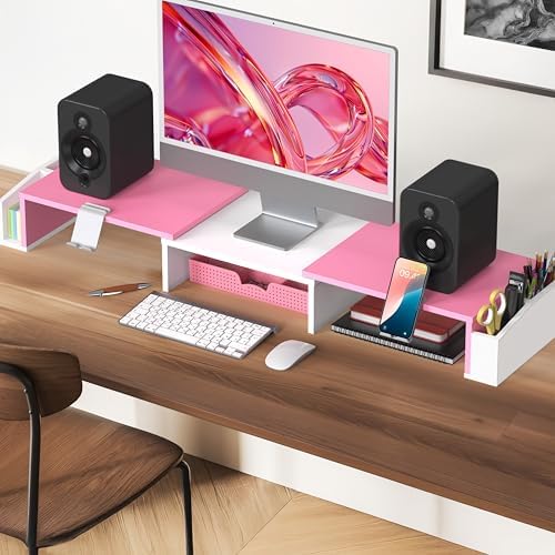 Simple Houseware Desk Dual Monitor Stand Riser with Drawer, Pink - Image 5