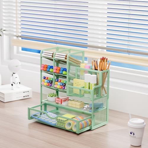Marbrasse Mesh Pen Holder for Desk, Multi-Functional Pencil Organizer with Drawer, Desk Organizers and Accessories for Office Art Supplies (Green) - Image 4