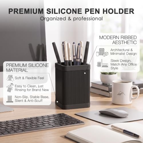 HighHerz Aesthetic Pen Holder For Desk, Modern Silicone Pencil Holder, Stylish Office Desk Decor, Made of 5 mm Thickened Premium Silicone, Office Desk Organizer And Accessories (Black) - Image 4