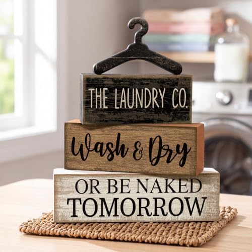 Moucuny 4 Pcs Farmhouse Laundry Room Decor Stacked Blocks Rustic Home Decor - Image 6