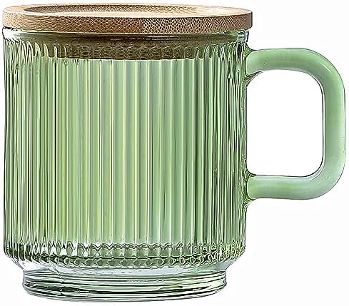Lysenn Glass Coffee Mug with Lid - Premium Classical Vertical Stripes Glass Tea Cup - for Latte, Tea, Chocolate, Juice, Water - Lead-Free - Bamboo Lid - Lime Green by Lysenn