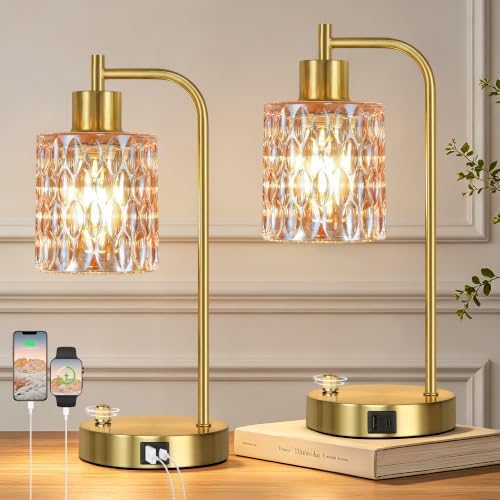 Table Lamps Set of 2, Champagne Glass Dimmable Bedside Lamps for Bedroom by Qimh