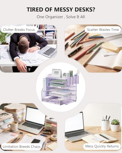 WALI Desk File Organizer, 6 Tier Desktop Paper Letter Tray Organizer with Drawer and 2 Pen Holders, Office Desk Accessories & Workspace Organizers for Office, Home Supplies(DO007DH-V), 1 Pack, Purple - Image 2
