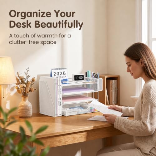 OPNICE Desk Organizers and Accessories, 4-Tier Desktop File Organizer with Drawer and Pen Holders, Office Desk Accessories Workspace Organizers for Office Supplies (Soft White) - Image 7