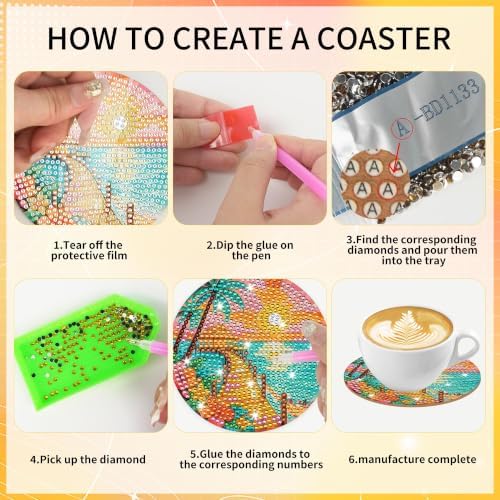 CRASHOT Coquette Beach Diamond Art Coasters Kit with Holder, 8 Pcs - Image 3