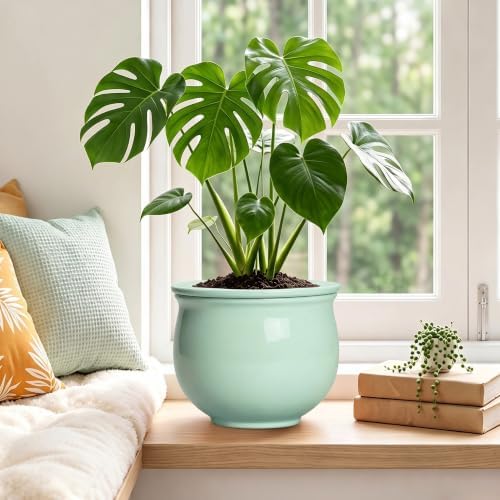 8 Inch Self Watering Planter, Ceramic Plant Pots, Mint Green - Image 4