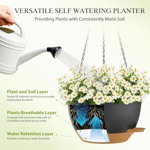 12 Inch Hanging Baskets 2 PC with Chains, Self-Watering Hanging Planters for Indoor Outdoor Plants, Plastic Hanging Flower Pots,Black Brown - Image 4