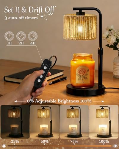 Candle Warmer Lamp, Timer Dimmable Candle Lamp, Adjustable Height and Brightness Black Candle Warmer, Boho Rattan Lampshade and 2 Bulbs, Suitable for Home Decor, Birthday Gifts for Women Mom - Image 3