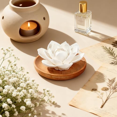 PH PandaHall Essential Oil Passive Flower Diffuser, White Flower Ceramic Essential Oil Small Diffuser Cordless Aromatherapy for Small Room Desk Bathroom Office Air Freshener, Lotus - Image 4