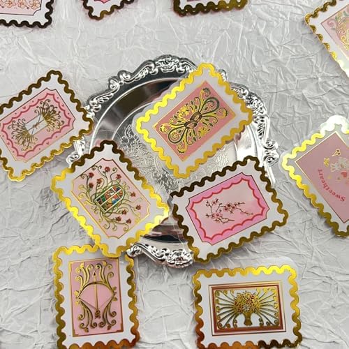 50 PCS Cartoon love stamps Stickers Aesthetic PET Stickers Gold Stamp Decal Waterproof Decorative Decals for Scrapbook DIY Crafts Album Bullet Journal Planner Water Bottles Laptop Phone (Gold stamp-B) - Image 3