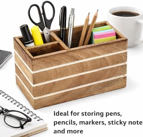 Hashcart Pen Holder Pencil Holder - Wood Pen Cup Pencil Cup for Desk - Office Desk Organizer - Makeup Brushes Holder - 3 Compartment Caddy for Home and Office - Image 2