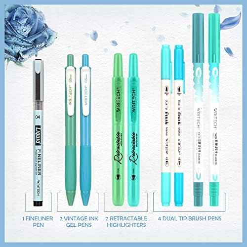 WRITECH Journaling Kit, Gel Ink Pens/Retractable Highlighters/Dual Tip Brush Pens/Fineliner Pens, Smooth Writing Assorted Colors Journaling Supplies, 9 Count with Pen Bag (Vitality blue & green) - Image 3