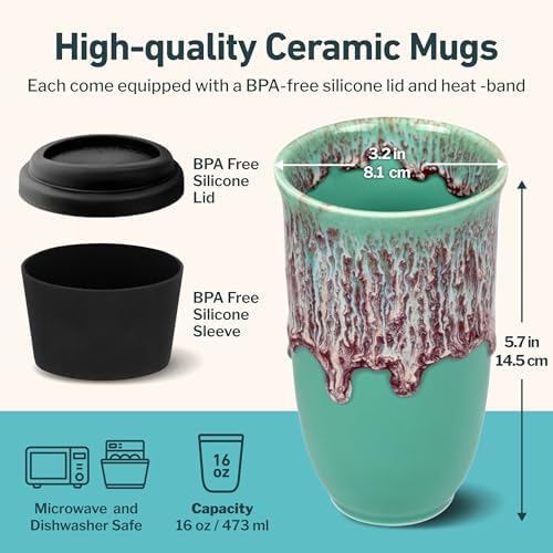 NOVA CERAMICS Travel Mug On the Go Coffee Tumbler Microwave & Dishwasher Safe Green Tumbler - Gifts For Women Men Him Her 16oz Nebula - Image 3