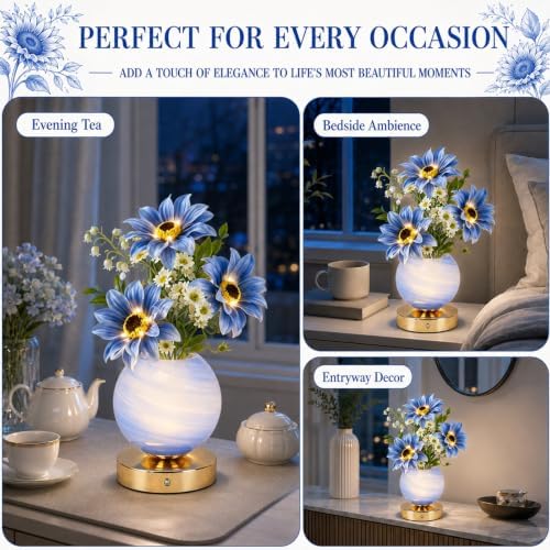 Tulip Table Lamp, Rechargeable Cordless Touch Dimming Artificial Tulip Flower Desk Lamp, LED Flower Bedside Night Light Romantic Gifts for Girl Women Mom (Blue Sunflower) - Image 5