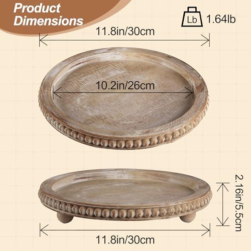 Round Decorative Tray for Coffee Table, Natural Wood Beaded Tray with Detachable Legs, 11.87" Farmhouse Rustic Serving Tray for Living Room, Ottoman, Kitchen Counter, Dining Table Decor - Image 3