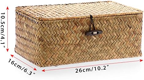 Hipiwe Small Woven Shelf Baskets Bin with Lid Seagrass Wicker Storage Box - Image 4