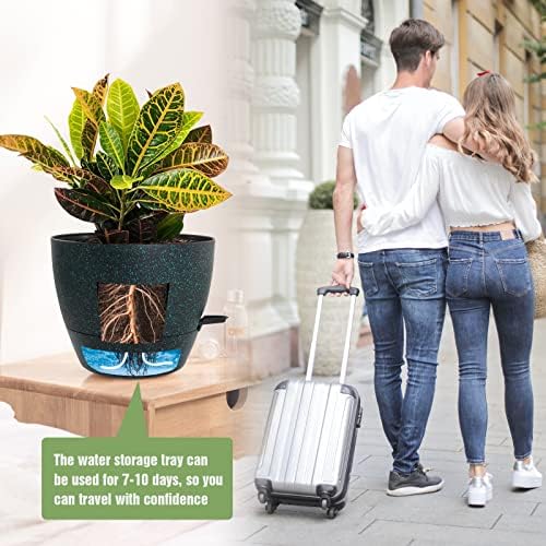 UOUZ Large Self Watering Pots, 12/10/9 Plastic Planters with High Drainage Holes and Deep Reservoir for Indoor Outdoor Garden Plants and Flowers, Black with Green Speckles - Image 6