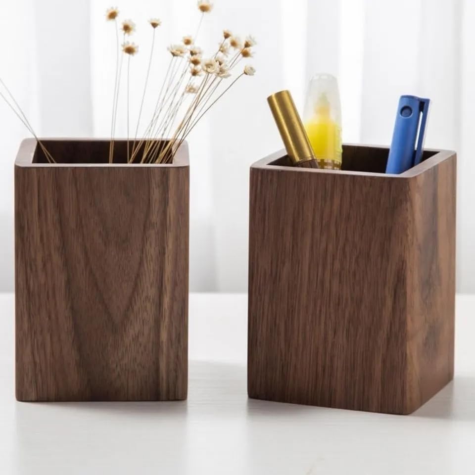Wooden Pen Holder for Desk, Multi-Functional Pen Cup Pencil Holder for Office School Supplies Storage, Black Walnut Desk Organizer and Accessories（Square） - Image 2