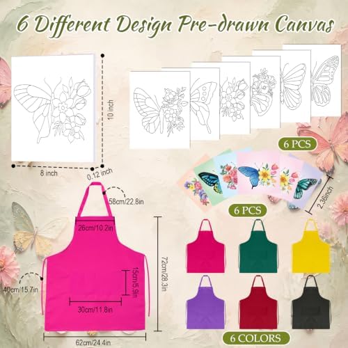 Cholemy 6 Set Paint and Sip Kit for Adults 8"x 10" Pre Drawn Canvas Painting with Wooden Easel Acrylic Paint Wash Cup Brushes Palette Apron for Painting DIY Adult's Date Party Supplies (Butterfly) - Image 3