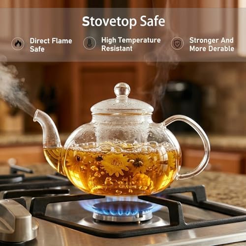 800ml(27oz) Borosilicate Glass Teapot with Removable Glass Infuser, Stovetop Safe Clear Tea Kettle for Blooming Tea & Loose Leaf Tea - Image 4
