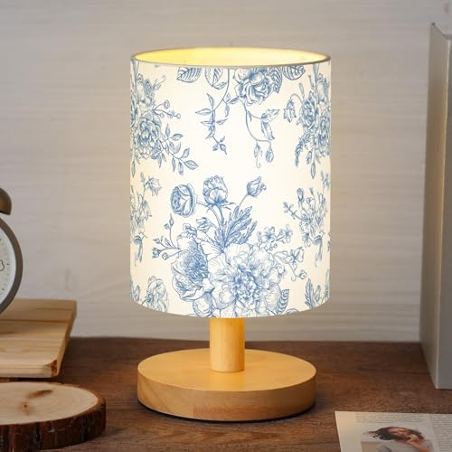 VIHOSE Bedside Table Lamp Table Lamp Vintage Nightstand with Linen Fabric Shade Solid Wood Base Decoration for Kids Living Room Bedroom Desk Dorm(Blue Floral,Blue) by VIHOSE