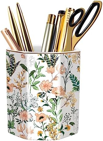 Cute Ceramic Pen Holder for Desk, Pencil Cup Pot, Makeup Brush Holders, Desk Accessories & Workspace Organizers for Home, Office, White Flower by WAVEYU