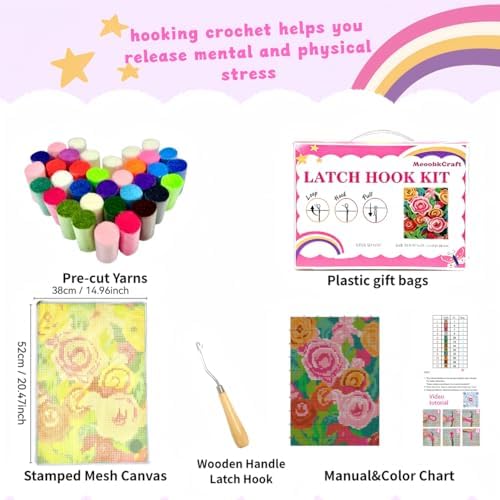 MeoobkCraft Blush of Roses for Latch Hook Kits for Adults Beginners Rose Flower Pre-Printed Latch Hook Rug Kits Embroidery Cross-Stitch for Home Home Decoration 20.47 x 14.96in - Image 4