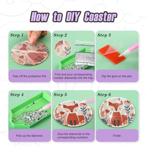 Zynlio Animal Diamond Paintings Coasters Kits Set with Holder,Diamond Art, DIY Diamond Crafts Coasters for Adults, Diamond Art Painting Kits for Women, Beginners, Diamond Craft Supplies - Image 4