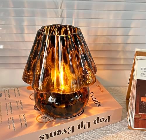 AFORTLO Battery Powered Mushroom Table Lamp with Timmer,Cordless Small Atmosphere Glass Table Lamp,Portable Decovative NightLight for Corner/Entryway/Stairway/Bathroom/Fireplace (Black Flower) by AFORTLO