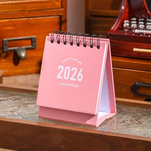 Mini Desk Calendar 2027-2028 - Jan 2027 to June 2028 Small Desktop Calendar Mini Daily Schedule Thick Paper Twin-Wire Binding with Stickers for Home Office School (Mini Pink) - Image 2