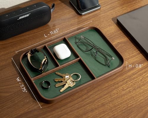 MUUJEE Leather Catchall Multitray (Design 3) - 11.65 x 7.75 x 0.8, Nightstand Entryway Bedside Dump Tray Valet Organizer for Keys Phone Wallet Watch Glasses Pens, Office Desk Accessory for Men, Green - Image 3
